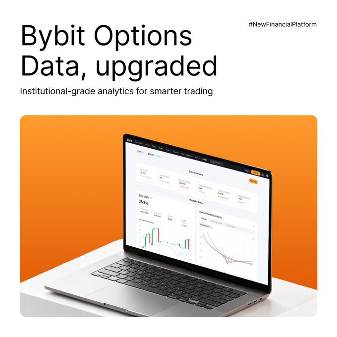 A promotional graphic featuring a laptop displaying the upgraded Bybit Options Data dashboard against an orange background, with the headline "Bybit Options Data, upgraded — Institutional-grade analytics for smarter trading" and hashtag "#NewFinancialPlatform." The dashboard on the screen showcases the newly added analytics tools mentioned in the post, including BVOL Index (showing 36.3%), historical volatility graphs, and implied volatility analysis with skew visualization, visually demonstrating the institutional-grade trading features now available to options traders.