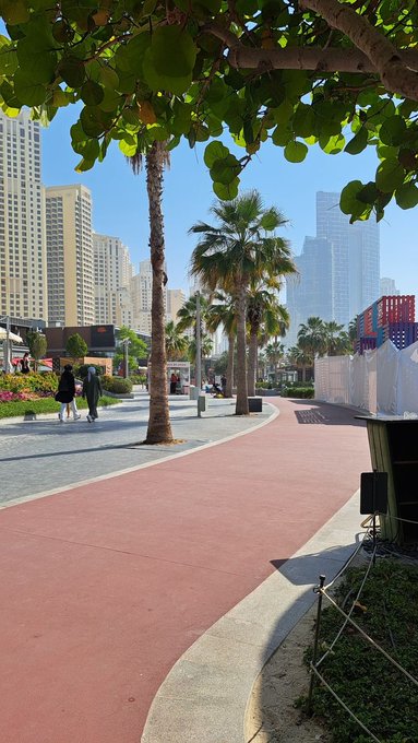 The image shows a sunny urban walkway lined with palm trees and red pavement, with high-rise buildings in the background including the "JBR" sign visible on a colorful banner. The "GM" (Good Morning) post pairs naturally with this bright, welcoming view of what appears to be Jumeirah Beach Residence in Dubai.
