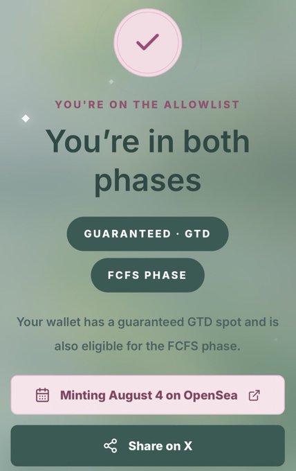 A screenshot confirms the user's wallet is on the allowlist for both a "GUARANTEED · GTD" and "FCFS PHASE" mint, with text noting "Minting August 4 on OpenSea" and a "Share on X" button. This visually supports the accompanying post celebrating eligibility for the @_alphavault mint and thanking @tessonchain for the allocation.