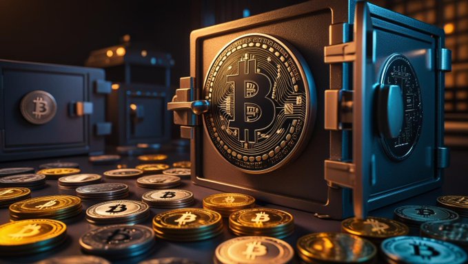A 3D-rendered image of a golden Bitcoin coin inside an open vault safe, surrounded by scattered Bitcoin coins on a dark surface with cinematic lighting.