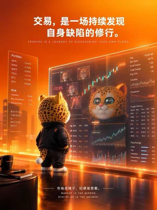 A motivational poster showing an anthropomorphic cheetah looking at trading screens with the Chinese text "交易,是一场持续发现自身缺陷的修行" (Trading is a journey of continuously discovering your own flaws) and "DISCIPLINE IS THE ANSWER".