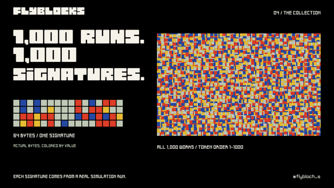 A digital artwork titled 'flyblocks' featuring text '1,000 RUNS. 1,000 SIGNATURES.' alongside pixelated color block patterns.