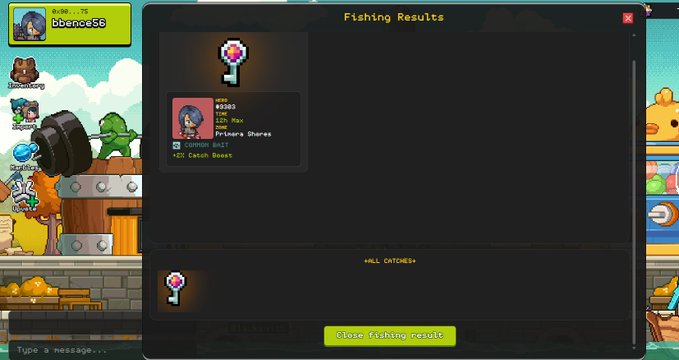 A screenshot of a game's 'Fishing Results' screen, showing a 'Prisoner's Shores' themed common bait catch.