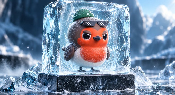 A cute red-breasted robin character wearing pixelated sunglasses and a green beanie with an "R" logo is frozen inside a clear ice block, fitting the post's announcement of the "ROBIN" free mint launch on OpenSea. The icy prison around the bird visually reinforces the project's chilling, winter-themed branding for the $ROBIN token airdrop.