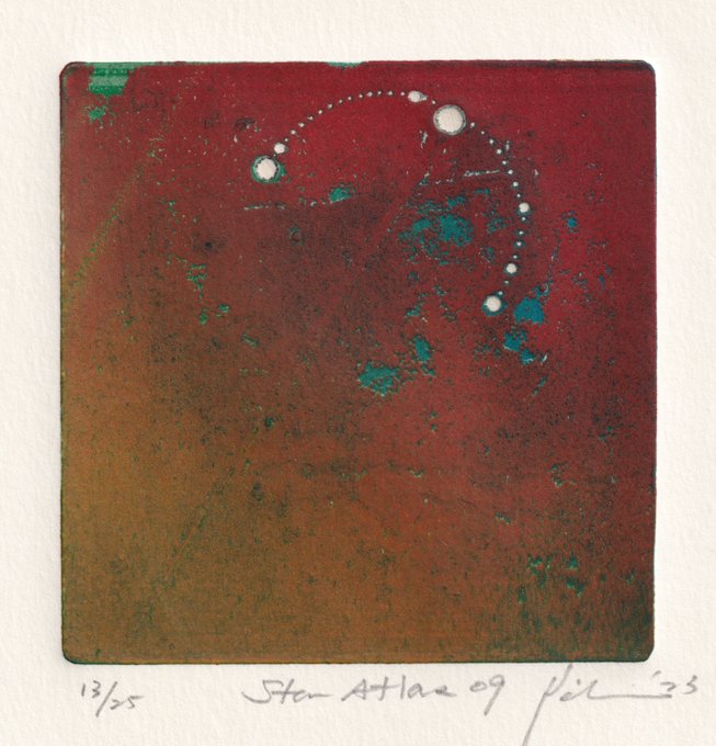 A limited edition art print (13/25) by artist Jen Alx (2009) featuring a red and orange cosmic scene with white dotted constellation lines and turquoise accents.