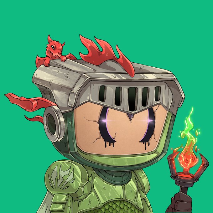 A chibi-style knight in green armor and a silver helmet adorned with flame-like accents and a tiny red dragon, holding a torch with green fire. The cute, stylized character visually embodies the "Dragon Knight" mentioned in the post, fitting its fantasy theme.