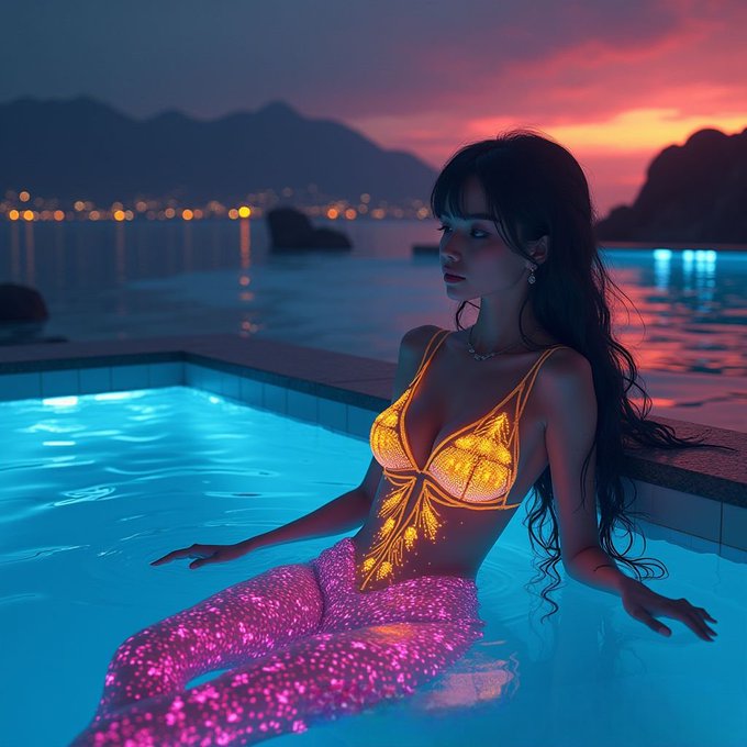 A digital artwork depicting a mermaid with a pink sparkling tail and an orange glowing top, sitting at the edge of an illuminated pool with a sunset and coastal city lights in the background.