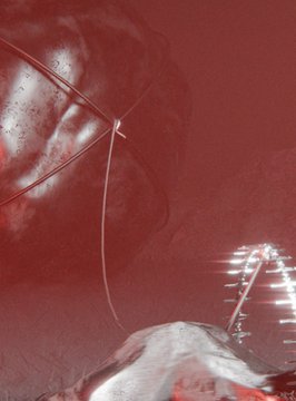 A dark, abstract image bathed in red tones, depicting what appears to be a distorted face or figure with dark lines resembling glasses, and a bright, rib-like or skeletal structure on the right side.