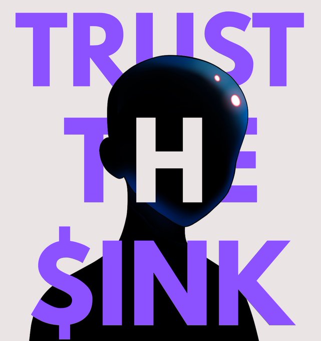 A dark, featureless humanoid figure with glowing pink eyes is overlaid with bold purple text reading "TRUST THE $INK," visually reinforcing the post's message about an upcoming free NFT mint for the "Nob Ink" collection on OpenSea.
