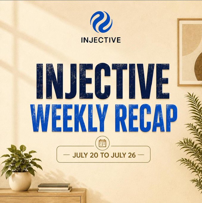 Injective Weekly Recap promotional graphic for July 20 to July 26, featuring the Injective logo and blue text against a beige background with decorative plant elements.