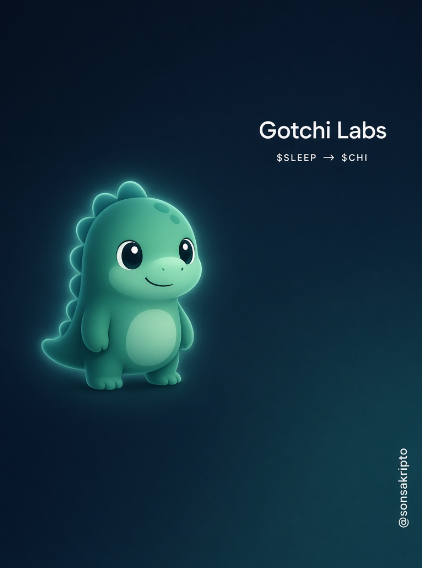 A digital illustration shows a small glowing teal dinosaur character with the text 'Gotchi Labs $SLEEP → $CHI' and '@sonsaksripto' on a dark blue background.