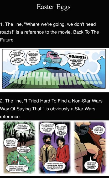 The image is titled "Easter Eggs" and highlights two references in VeeFriends comics: #1 points out that the line "Where we're going, we don't need roads!" references *Back To The Future*, and #2 notes that "I Tried Hard To Find a Non-Star Wars Way Of Saying That" is an obvious Star Wars reference. The accompanying post about finding Easter Eggs in @veefriends comics directly ties to this image, which showcases examples of pop culture references hidden within the series.