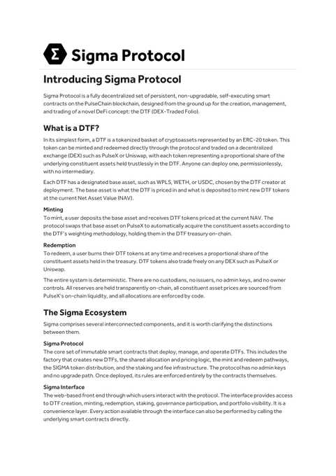 The image features a white document titled "Sigma Protocol #SigmaProtocol", which introduces a new Sigma Protocol. This protocol is designed for use with the PulseChain blockchain, focusing on creating and managing smart contracts that utilize DTF as its underlying asset. The document provides information about this innovative protocol and how it can be applied in DeFi projects.