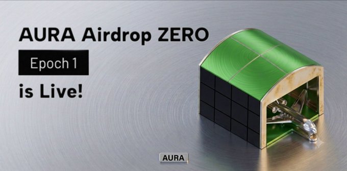 A promotional graphic announces "AURA Airdrop ZERO – Epoch 1 is Live!" alongside a metallic green treasure chest on a brushed silver background, visually representing the free, early-stage airdrop opportunity highlighted in the post about Aura Protocol's decentralized robotics and AI launchpad.