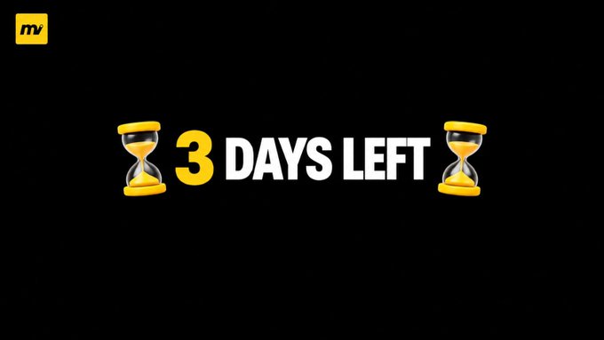 A black background graphic with '3 DAYS LEFT' in bold white and yellow text flanked by two yellow hourglass icons, with an 'mv' logo in the top left corner.