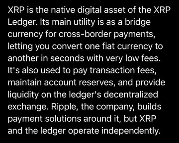 A black screen with white text explaining that XRP is the native digital asset of the XRP Ledger, used as a bridge currency for cross-border payments and to pay transaction fees.