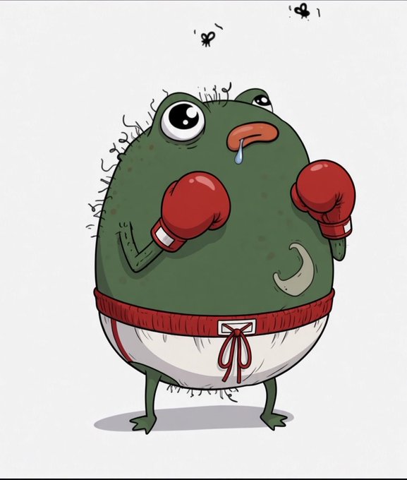 A cartoon illustration depicts a sad green frog wearing red boxing gloves and white underwear with a red bow, with a tear rolling down its face and flies buzzing around.