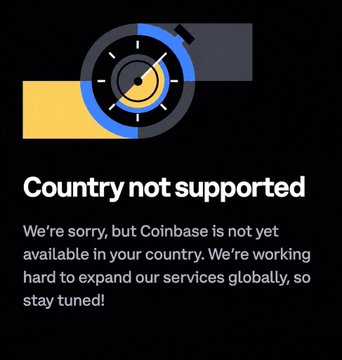 The image shows a "Country not supported" notification from Coinbase, explaining the service isn't yet available in the user's country due to global expansion efforts. This directly relates to the post, as it visually illustrates why users are experiencing KYC verification issues—Coinbase's limited geographic availability prevents account verification in many regions.