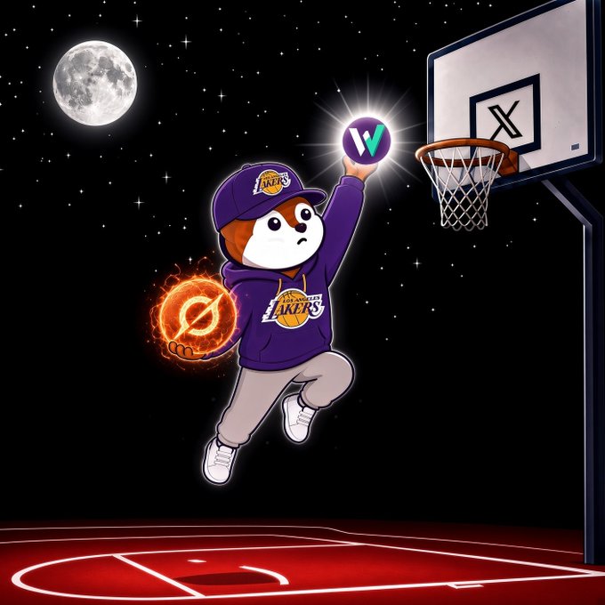 A cartoon Shiba Inu wearing a Los Angeles Lakers jersey and cap leaps toward a basketball hoop on a moonlit court, holding a ball marked with a "V" logo while surrounded by fiery energy. The "X" logo on the backboard ties into the morning greeting, symbolizing an energizing start to the day on the X platform.