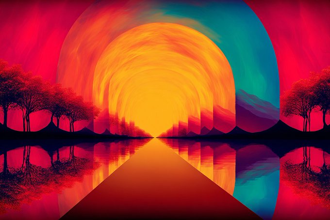 A vibrant, surreal digital artwork featuring a symmetrical landscape with a glowing orange and yellow sun, pink and teal skies, silhouetted trees, and mountains reflected in a body of water, with a triangular path leading toward the horizon.