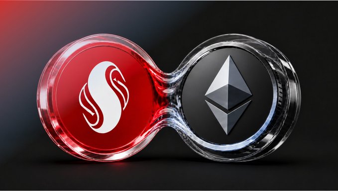 Digital artwork showing two connected glass orbs containing logos: one red with a flame-like 'S' design and one black with the Ethereum logo.