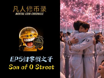 A promotional image titled '凡人修币录 MORTAL COIN CHRONICLE' for Episode 5 '归零街之子 Son of 0 Street' shows a cartoon character with a Bitcoin hat holding coins, alongside two people embracing at what appears to be a graduation event.