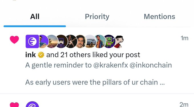 A social media notification screen showing that 'ink' and 21 others liked a post that reads 'A gentle reminder to @krakenfx @inkonchain - As early users were the pillars of ur chain ...'