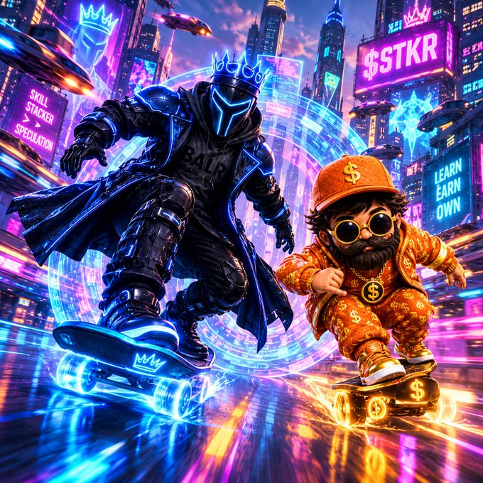 Two stylized characters race on glowing skateboards through a neon cyberpunk cityscape featuring signs like "$STKR", "SKILL STACKER SPECULATION", and "LEARN EARN OWN", with the dark-armored figure wearing a crown and the smaller bearded character in orange dollar-sign patterned clothing.