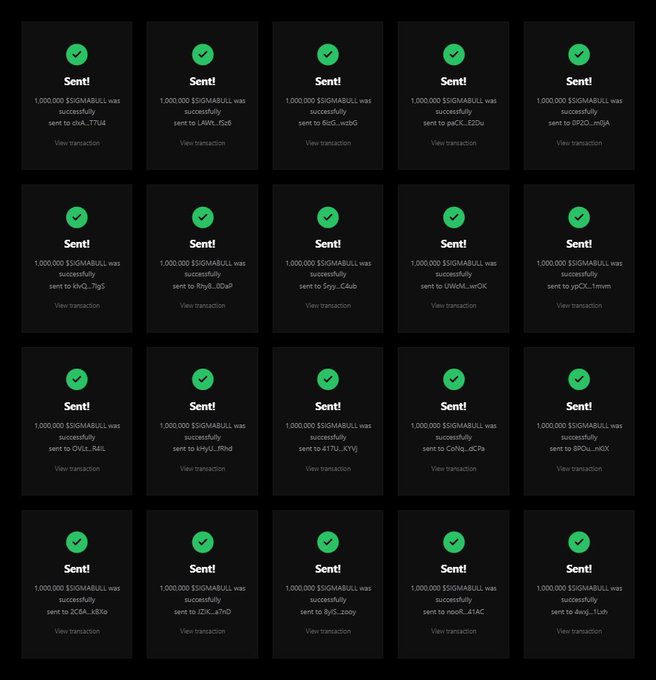Grid of 20 confirmation screens, each showing a green checkmark and 'Sent!' with text '1,000,000 $SIGMBULL was successfully sent to' followed by various wallet addresses.