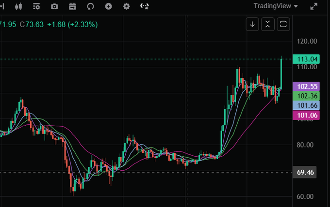 A TradingView stock chart displaying candlestick patterns and moving averages, showing a price level at C73.63 with a +2.33% gain, currently trading near 113.04.