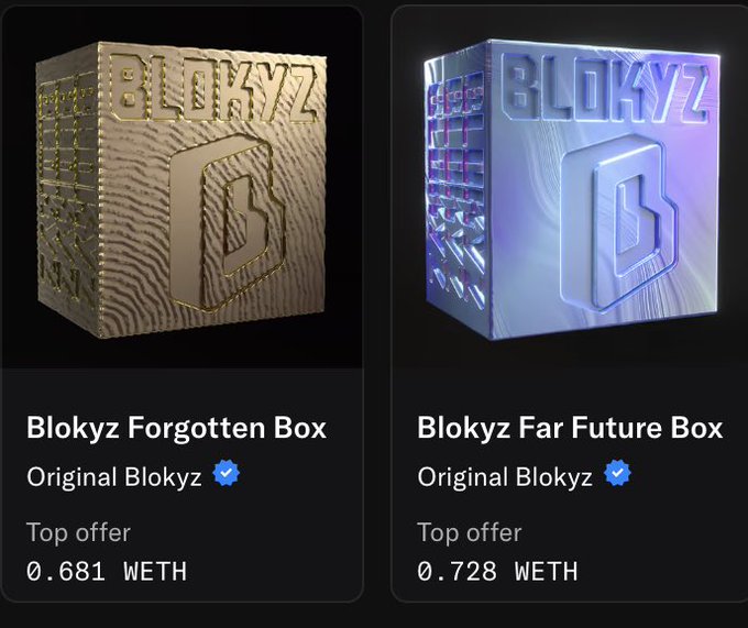 A screenshot of an NFT marketplace displaying 'Blokyz Forgotten Box' and 'Blokyz Far Future Box' by 'Original Blokyz', with top offers of 0.681 WETH and 0.728 WETH respectively.