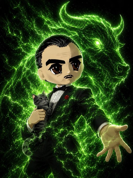 Stylized digital illustration of a chibi-style man in a black tuxedo holding a gray tabby cat, with a large glowing green demonic bull head looming in the background.