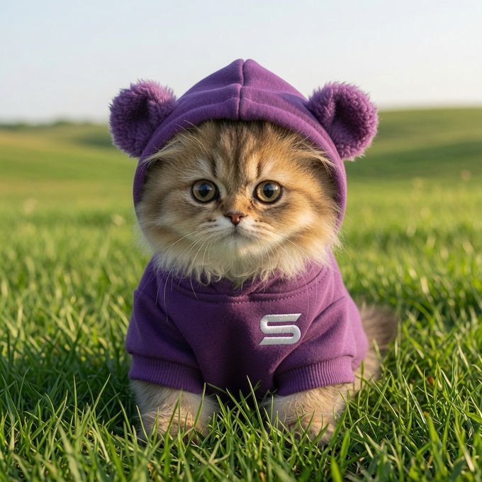An adorable fluffy brown tabby kitten sitting in green grass, wearing a purple hoodie with pom-pom ears and a white 'S' logo on the front.