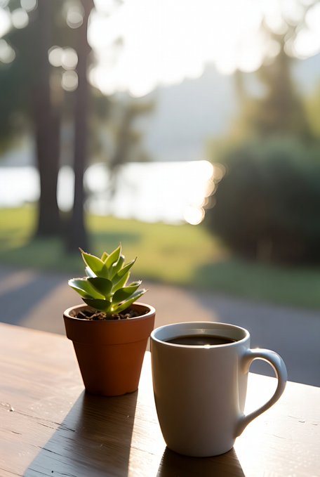 The image features a wooden table with two cups of coffee sitting next to each other. One cup has a white lid while the other one does not have a lid at all, making them look like potted plants instead. The background shows trees and water, creating an outdoor setting for enjoying a cup of coffee.