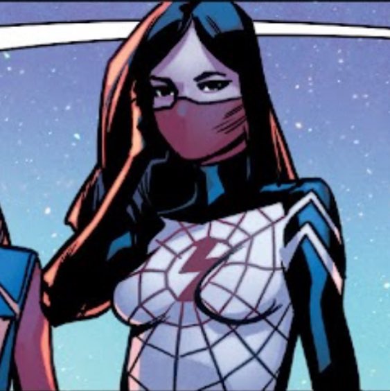 A comic book illustration of a female superhero with long dark hair wearing a red face mask and a white web-patterned costume with a lightning bolt emblem, set against a starry purple background.