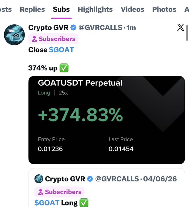 A screenshot from @GVRCALLS's X profile showing a subscriber post highlighting a winning trade on $GOAT with a +374.83% gain (entry price 0.01236, last price 0.01454) on a 25x long GOATUSDT Perpetual position, accompanied by a comment noting the trade resulted in zero losses in July.