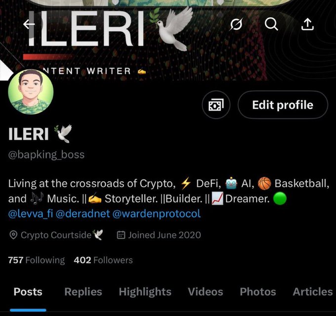A Twitter/X profile screenshot for user "ILERI 🕊️" (@bapking_boss), a "Content Writer" who describes themselves as living at the crossroads of Crypto, DeFi, AI, Basketball, and Music. The profile shows 757 Following, 402 Followers, joined June 2020, with tags linking to @levva_fi, @deradnet, and @wardenprotocol, though the screenshot itself doesn't visually correspond to the post's humorous "growth hack" claims about replies, DMs, and posting activity.