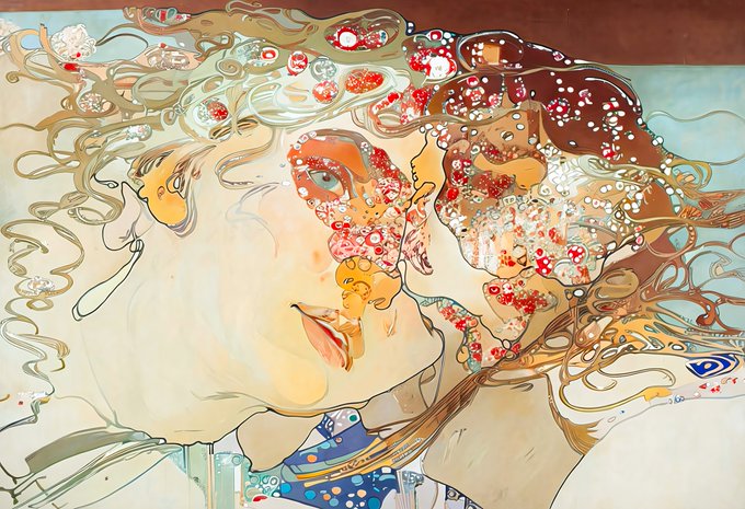 A vibrant, stylized painting featuring a profile of a face with flowing hair adorned with red and floral patterns.