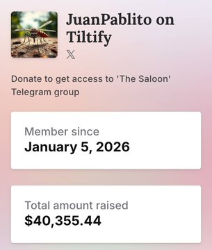A Tiltify profile page for 'JuanPablito' showing membership since January 5, 2026, and a total amount raised of $40,355.44 for access to 'The Saloon' Telegram group.