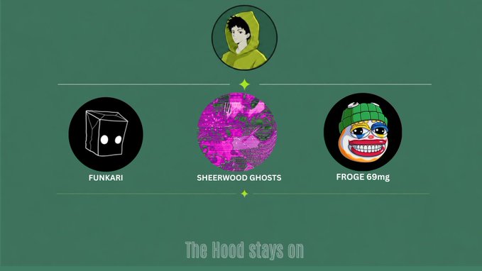 A green-themed graphic featuring 'Funkari', 'Sheerwood Ghosts', and 'Froge 69mg' avatars, with a hooded character at the top and the tagline 'The Hood stays on'.