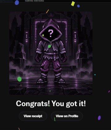 A dark-themed digital collectible or NFT minting screen showing a hooded character with a question mark on its face, with the text 'Congrats! You got it!' and buttons for 'View receipt' and 'View on Profile'.