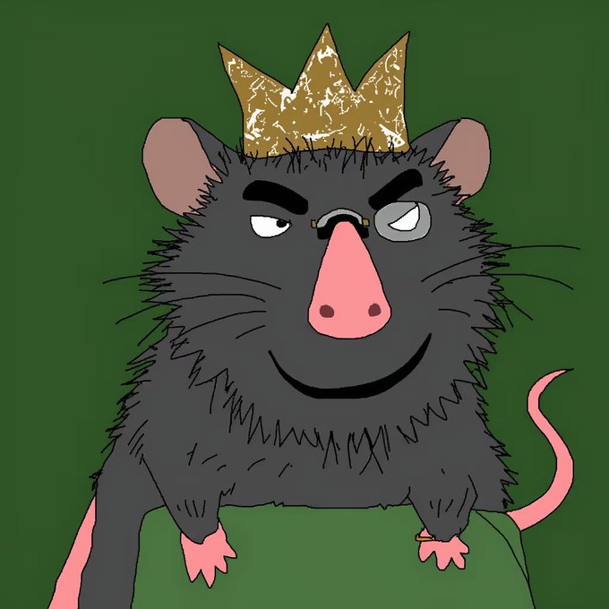A digital drawing shows a black rat wearing a tattered golden crown and a monocle, with a mischievous expression and a pink nose, set against a dark green background.