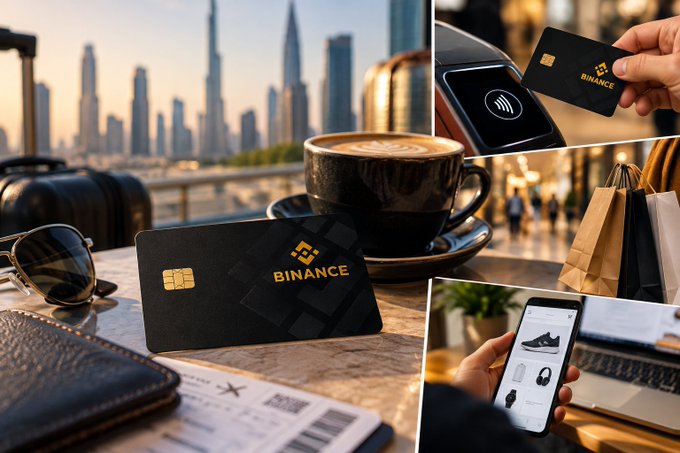 A black Binance-branded debit card rests on a café table next to a latte, while adjacent panels show the card being tapped at a payment terminal, shopping bags, and a smartphone browsing sneakers—visually reinforcing the post's idea of using the Binance Card to spend crypto on everyday purchases like coffee, retail, and online shopping.