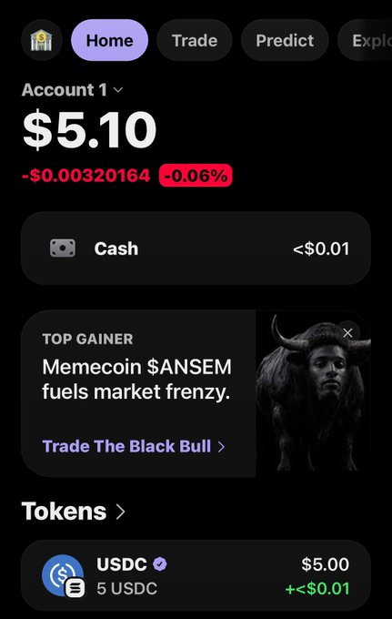 A crypto trading app dashboard (Account 1) showing a balance of $5.10 (-0.06%), a 'TOP GAINER' banner for memecoin $ANSEM ('Memecoin $ANSEM fuels market frenzy'), and a USDC holding of $5.00.