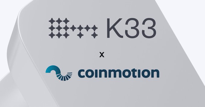 A partnership announcement showing the K33 and Coinmotion logos on a white 3D surface with 'x' between them.