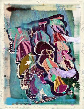 An abstract mixed-media painting by "Kjellgren" dated 9/5-88, featuring colorful, overlapping vibrant shapes, stitched edges, and handwritten text against a dark background.