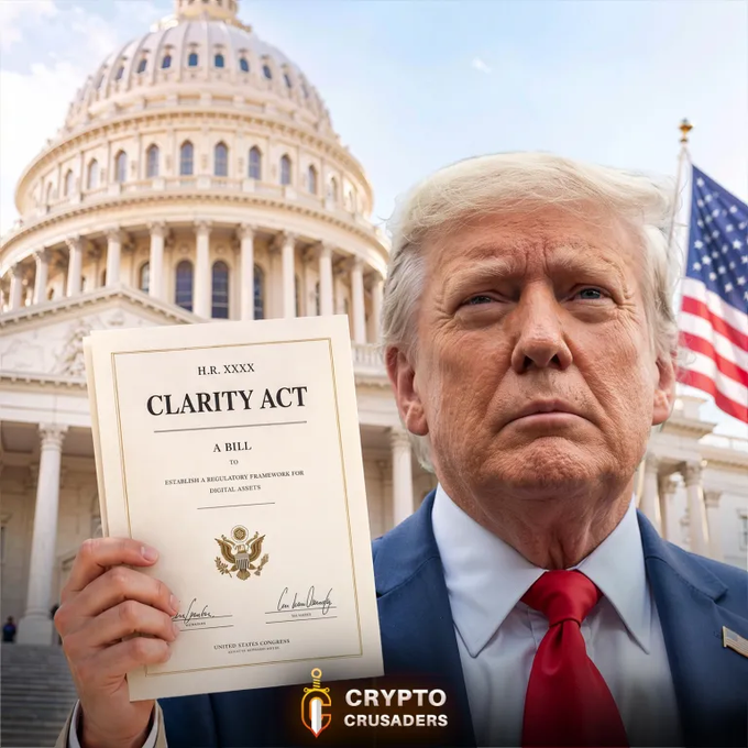 Donald Trump holds a document titled "CLARITY ACT A BILL TO ESTABLISH A REGULATORY FRAMEWORK FOR DIGITAL ASSETS" in front of the US Capitol building, suggesting the image relates to a new crypto regulatory bill.