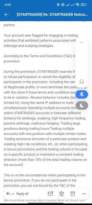 A screenshot of an email from STARTRADER addressed to "partner" regarding account restrictions for trading activities exhibiting arbitrage and scalping strategies, posted at 6:03 with full message battery.