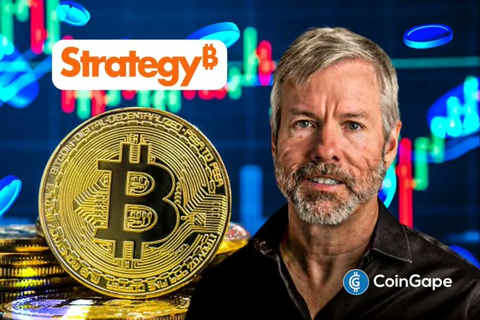 Michael Saylor is pictured alongside a large Bitcoin coin and the Strategy (formerly MicroStrategy) logo, set against a candlestick chart background. The image visually reinforces the post's announcement of Strategy's $139.3M repurchase of 1.4M $STRC shares, while highlighting the company's unchanged 845,050 $BTC holdings.