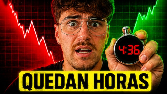 A shocked man with glasses holding a digital stopwatch showing 4:36, with a green upward arrow and red downward arrow in the background, and the text "QUEDAN HORAS" at the bottom.